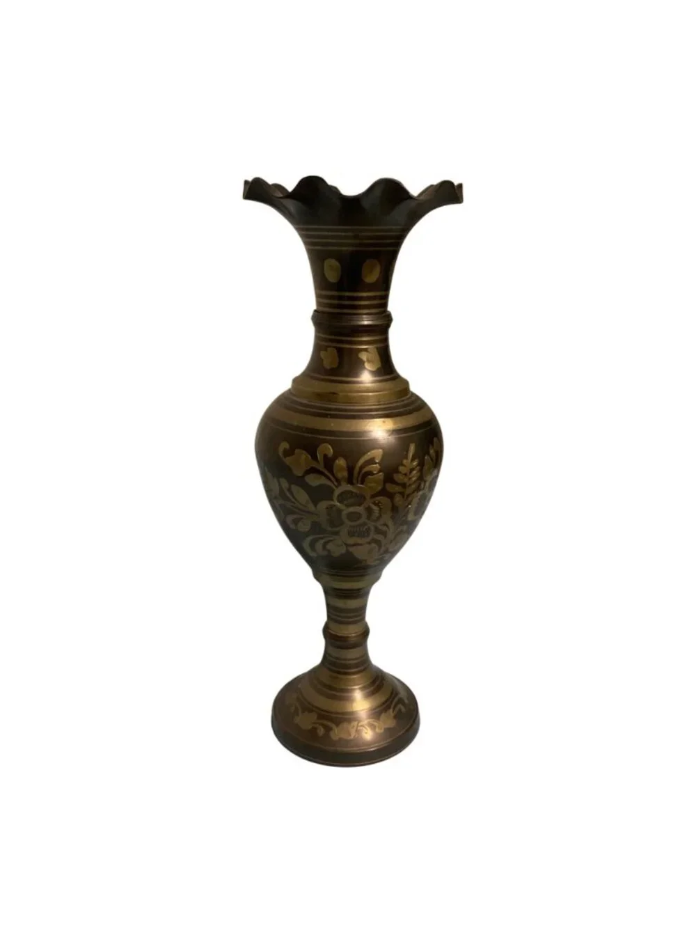 Vintage Brass Vase With Floral Engraving And Scalloped Rim 14